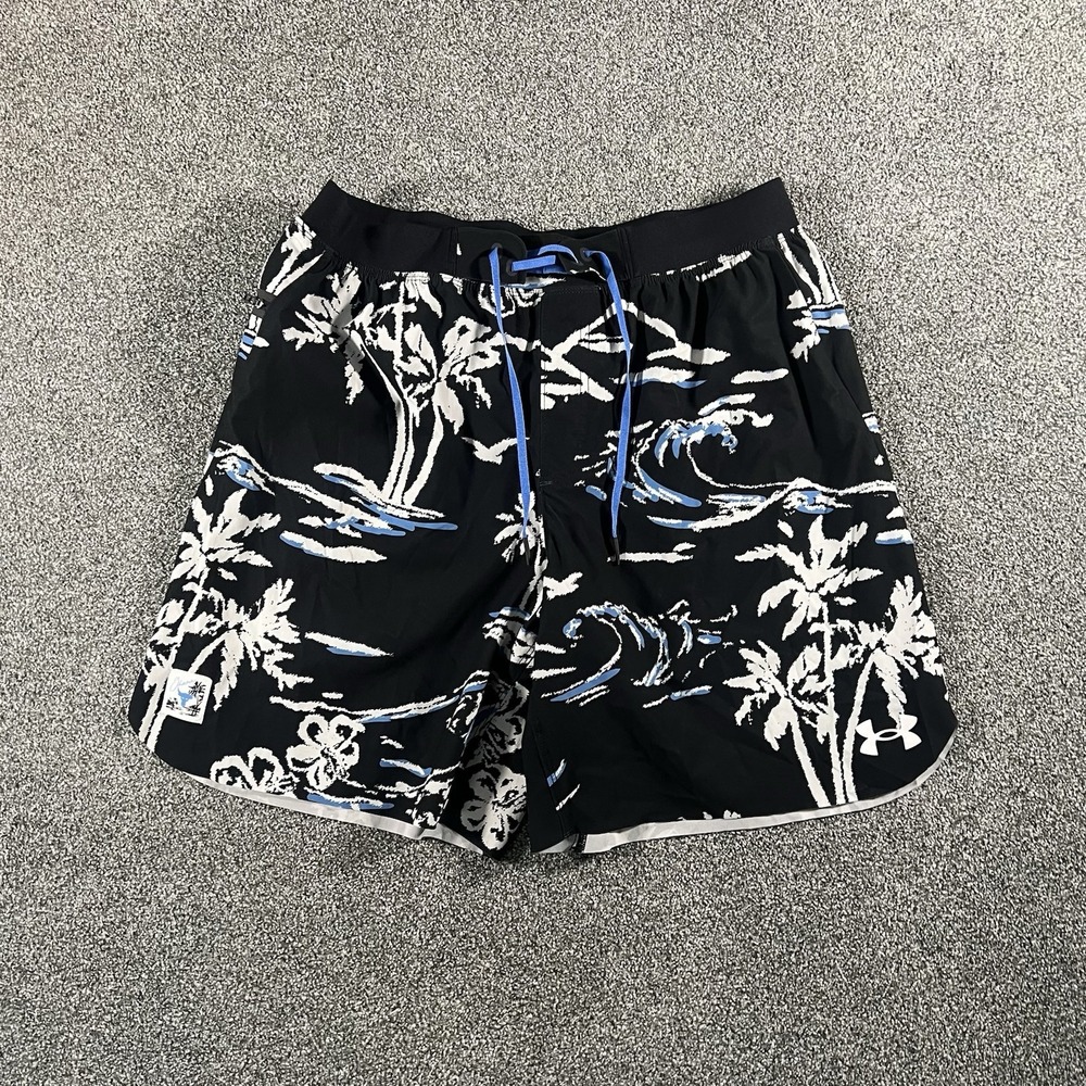 Under Armour Mens Large Hawaiian Palm Tree Wave Athletic Training Shorts Black